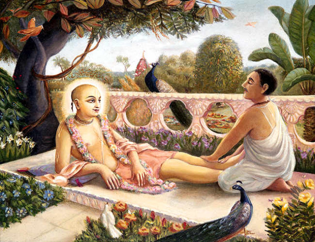 Махараджа Пратапарудра массирует ноги Господу Чайтанье