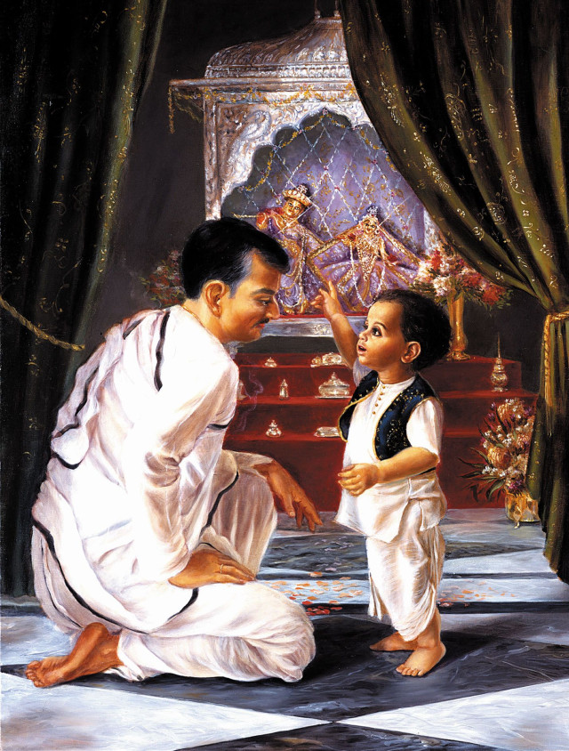 Абхай Чаран с отцом и Божества Шри Шри Радха-Говинда