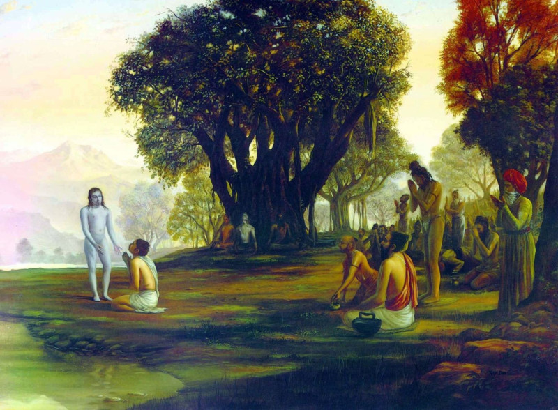 Махараджа Парикшит принимает Шукадеву Госвами своим гуру