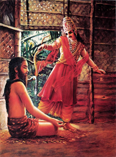 Махараджа Парикшит набрасывает мертвую змею на плечо Шамики Риши