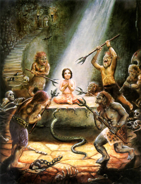 великий демон Хираньякашипу и его слуги пытались убить своего великого святого сына Прахладу Махараджу