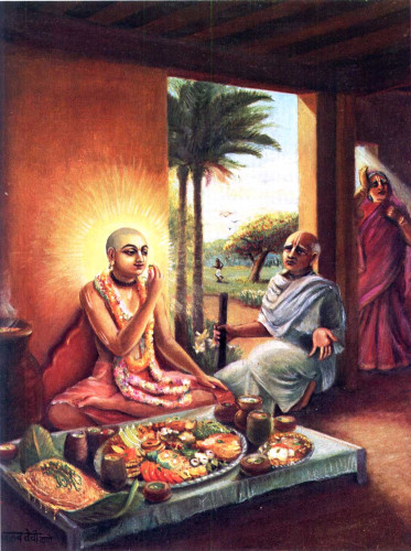 Господь Чайтанья Махапрабху принимает прасад в доме Сарвабхаумы Бхаттачарьи
