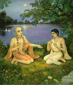Шри Чайтанья Махапрабху беседует с Раманандой Раем на берегу реки Годавари