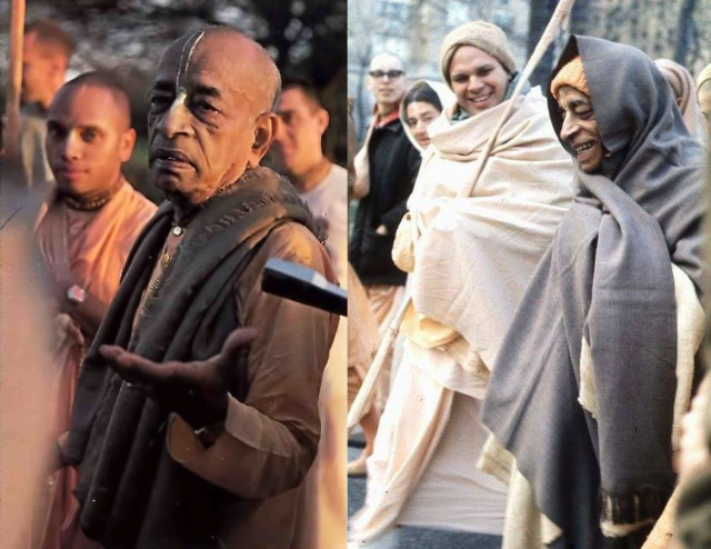 Слева: Судама Випра Свами и Шрила Прабхупада. Справа Брахмананда Свами и Шрила Прабхупада
