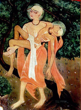 Господь Чайтанья держит на руках тело Харидаса Тхакура